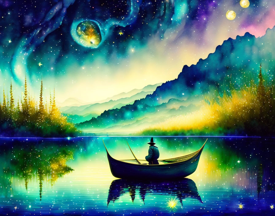 Tranquil lakeside scene with person in boat under starry sky