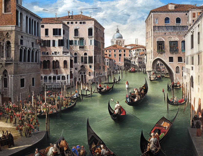 Historic Venetian canal scene with gondolas and crowds in period attire