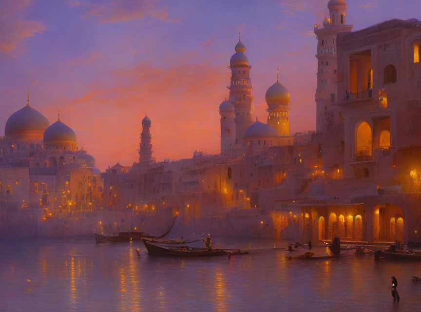 Ethereal cityscape at dusk with domed buildings, river, boats, and warm orange-purple