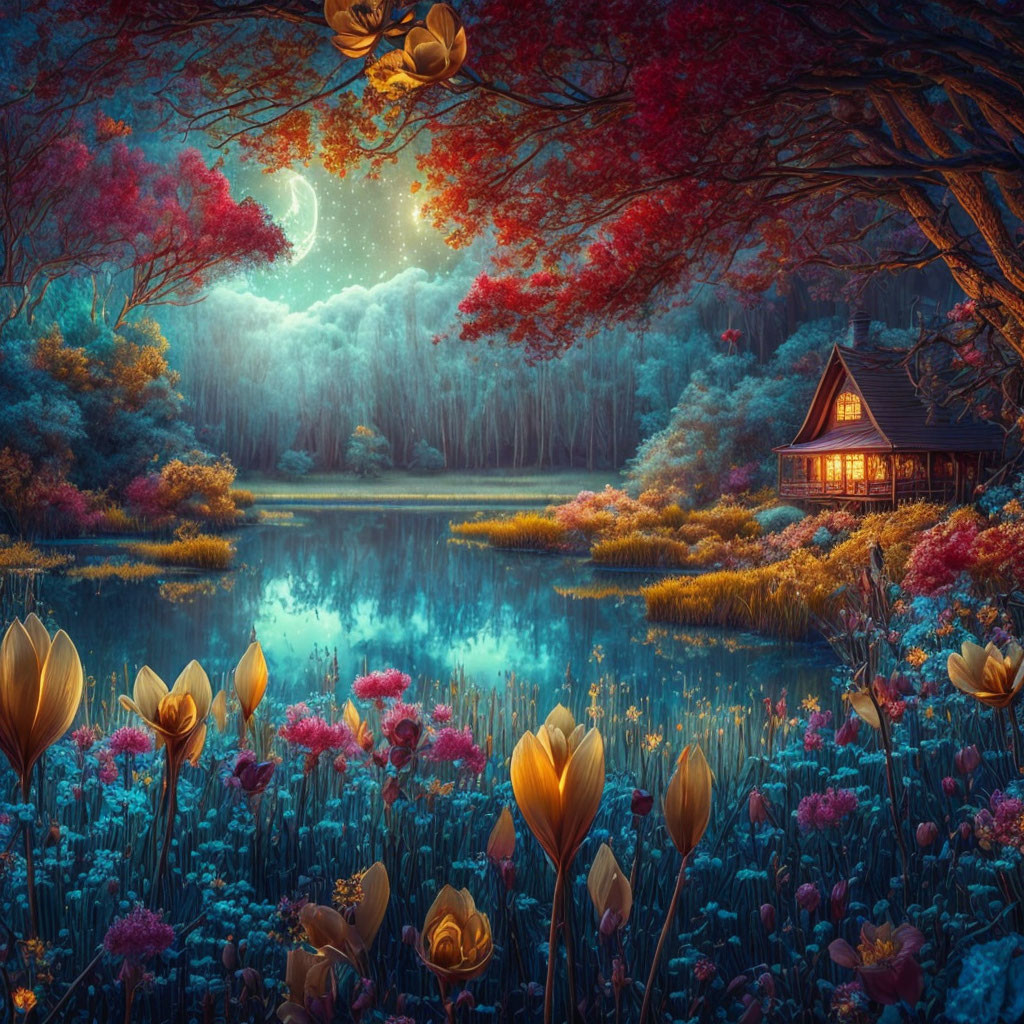 Fantasy landscape: Twilight scene with cottage, lake, flowers & starry sky