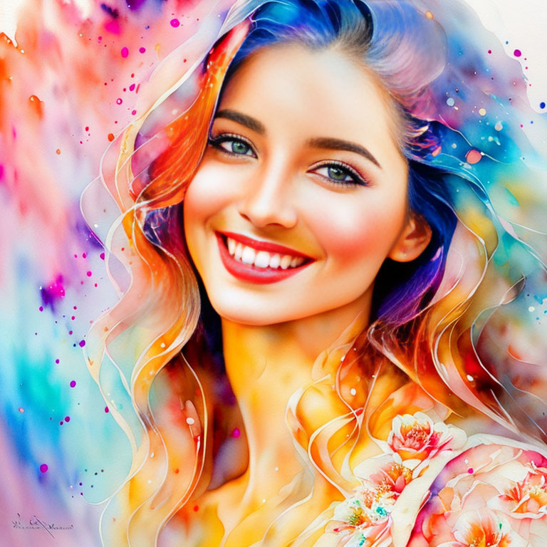 Colorful digital painting of smiling woman with wavy hair and floral patterns