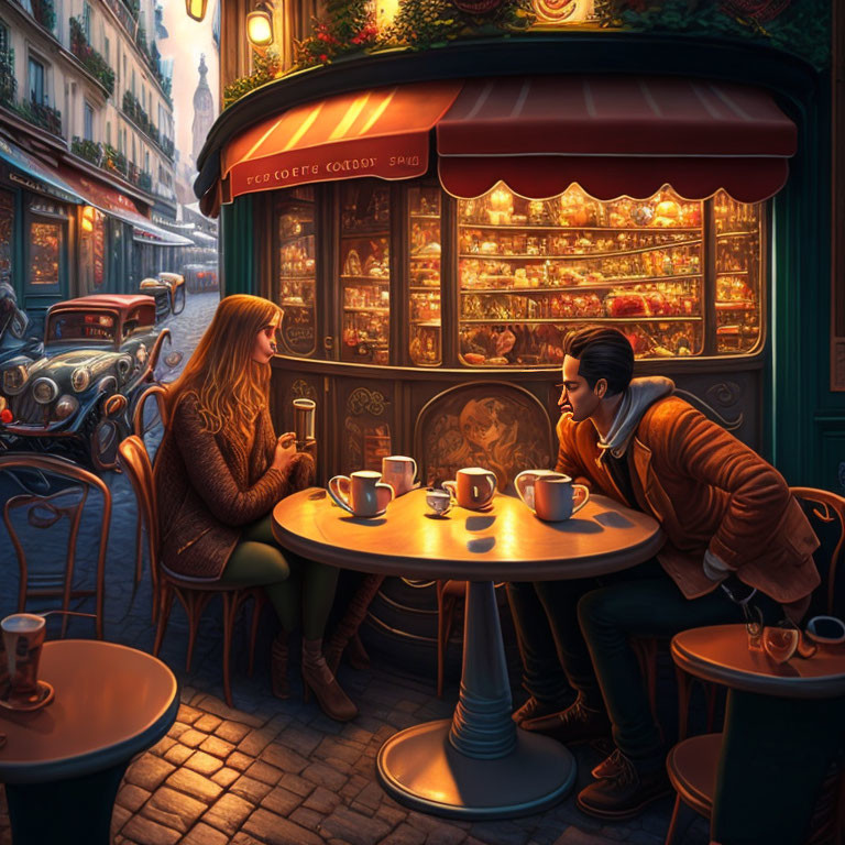 Couple enjoying coffee at Parisian café in warm ambiance