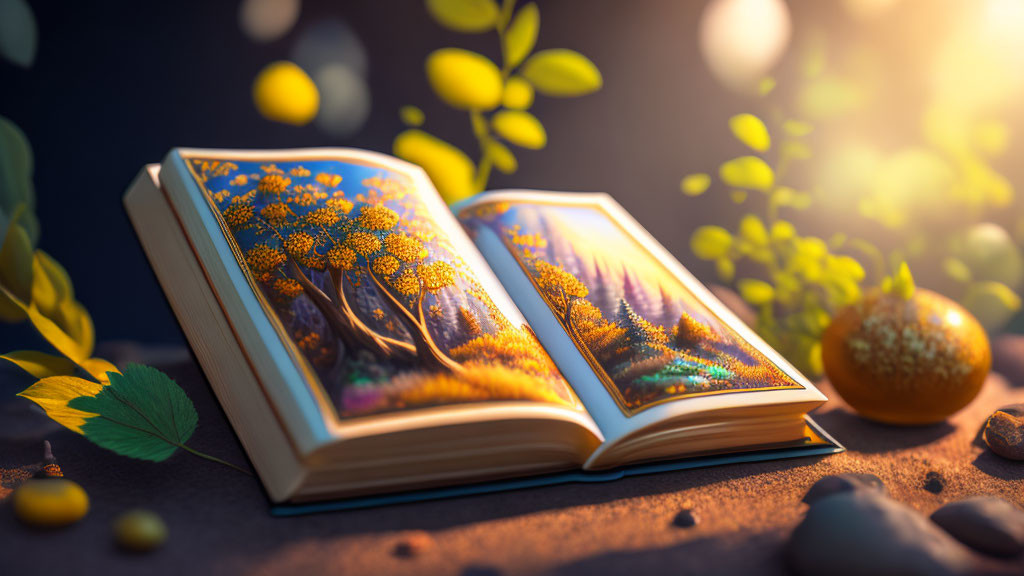 Illustrated fantasy landscape on open book with green leaves and sunlight