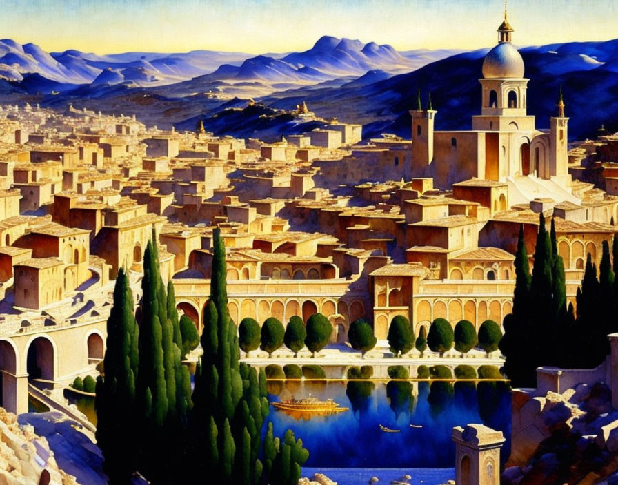 Historical city painting with palace, water, trees, mountains & sky