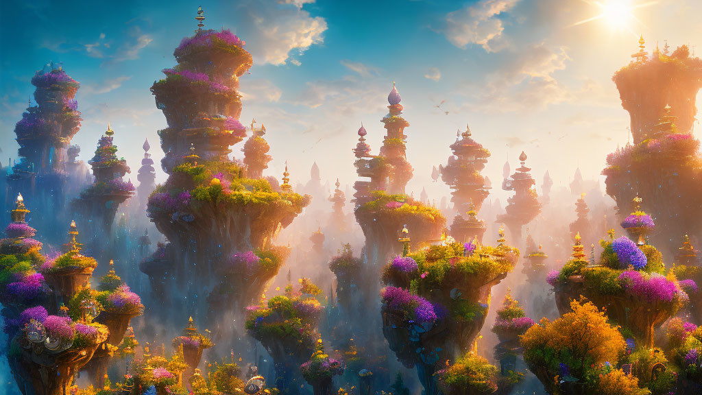 Majestic landscape with purple flora, ancient structures, waterfalls, and sunny sky