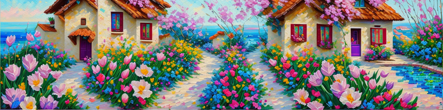 Colorful painting of cottages in blooming gardens with cobblestone path