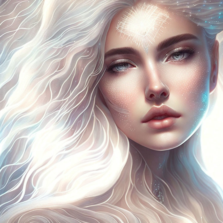 Ethereal portrait of woman with white wavy hair and celestial freckles