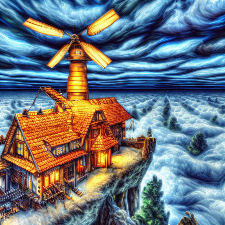 Vibrant illustration of house with windmill on cliff amid surreal clouds