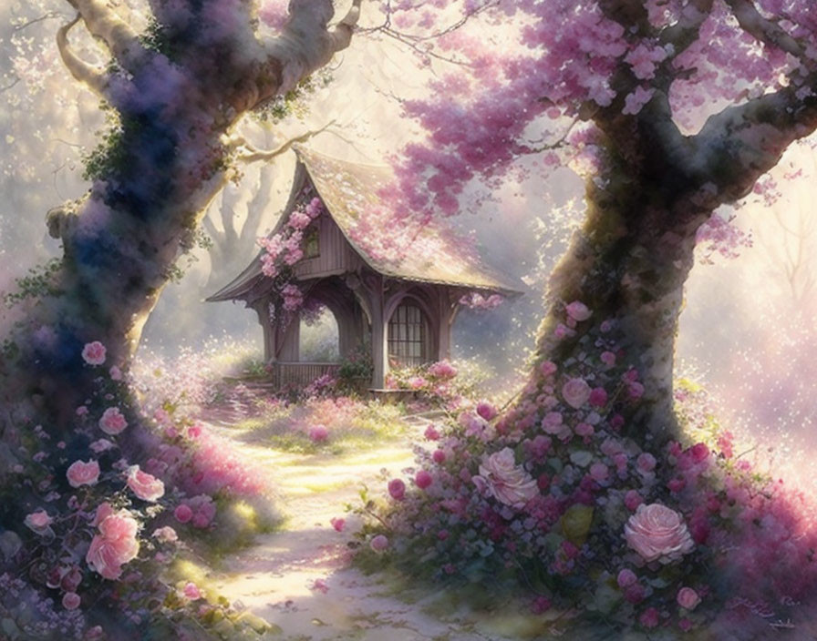 Enchanting cottage surrounded by pink trees and roses in a fairytale forest