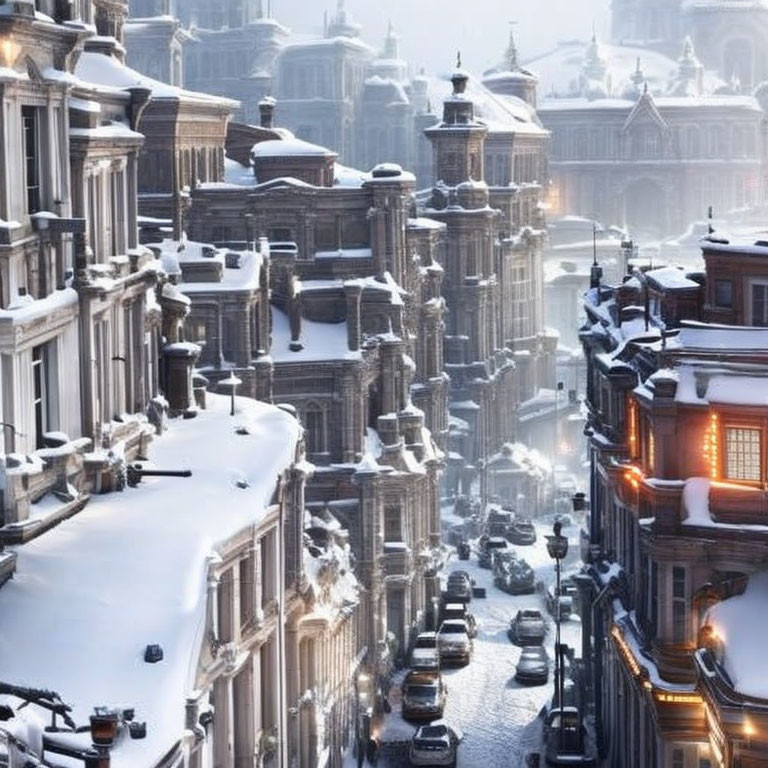 Snow-covered urban street with classic architecture and parked cars at twilight