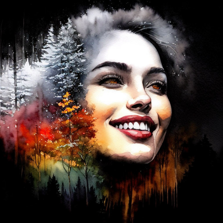 Colorful watercolor portrait merges woman's face with autumn forest and snow-capped trees