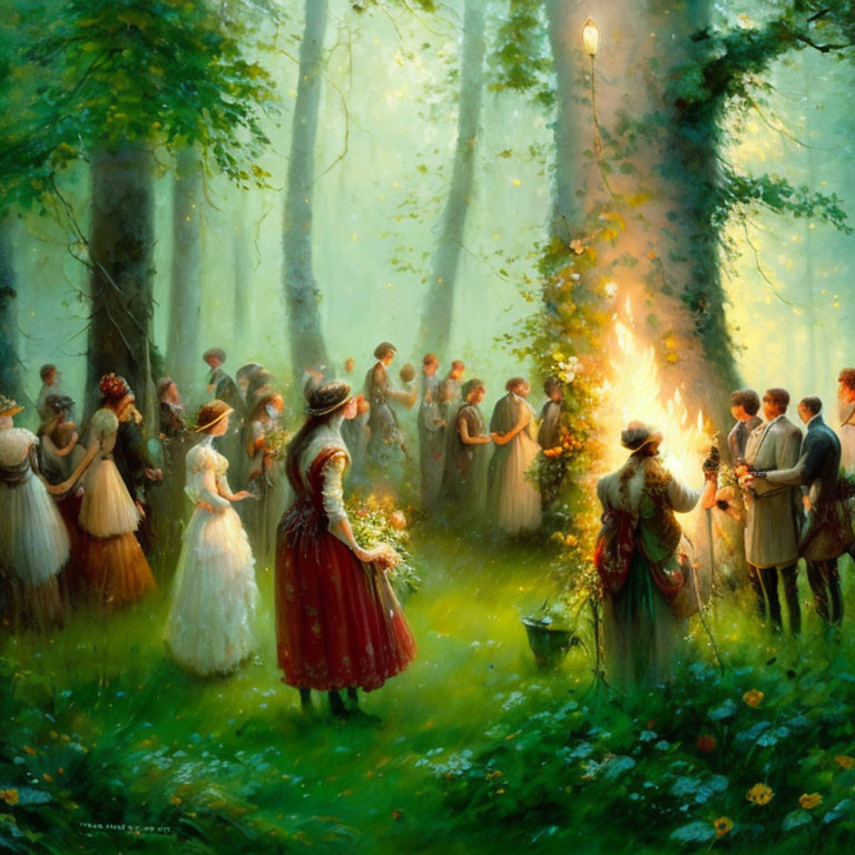 People in period clothing in mystical forest with woman in red holding flowers