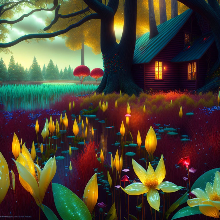 Enchanted forest with glowing cottage and giant mushrooms