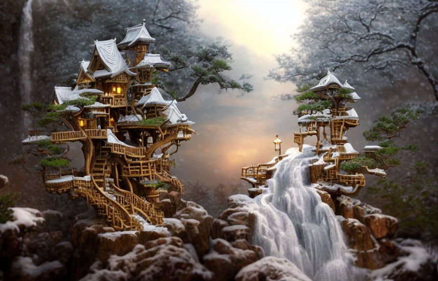 Asian-Inspired Treehouses on Rocky Outcrops in Fantasy Forest