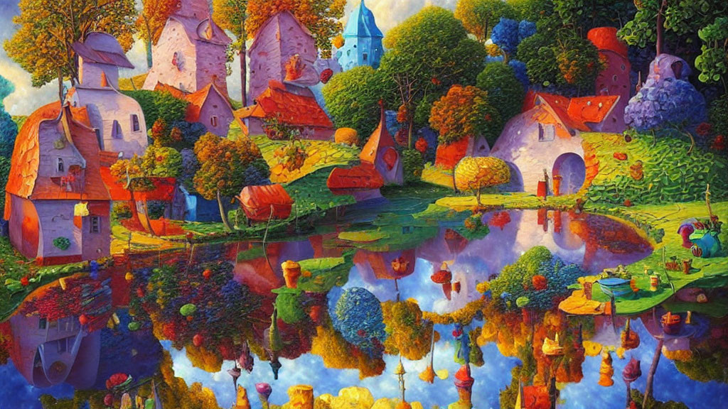 Colorful Whimsical Village Reflecting in Serene Pond