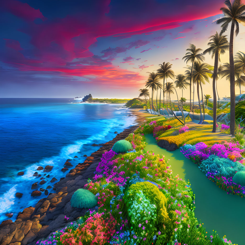 Vibrant sunset scene: tropical beach with palm trees, colorful flowers, serene ocean