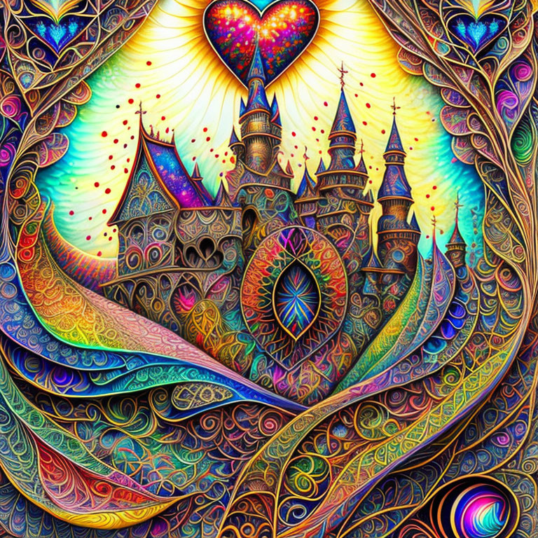 Fantasy castle illustration with heart motifs and swirl patterns