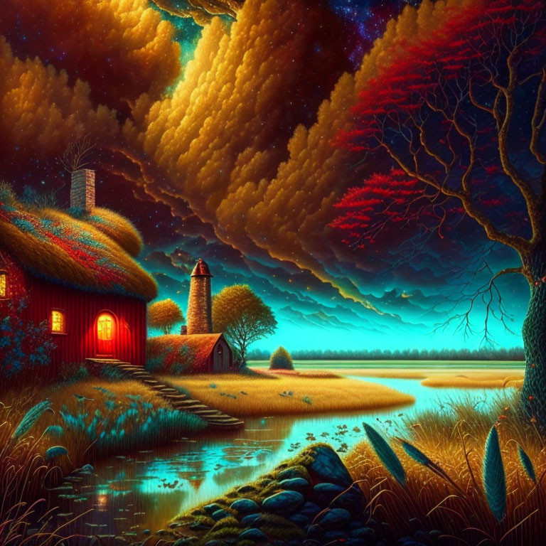 Vibrant fantasy night landscape with cottage, lighthouse, starry sky, and red trees