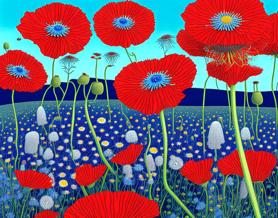 Colorful Illustration of Red Poppies and Blue Wildflowers on Blue Background