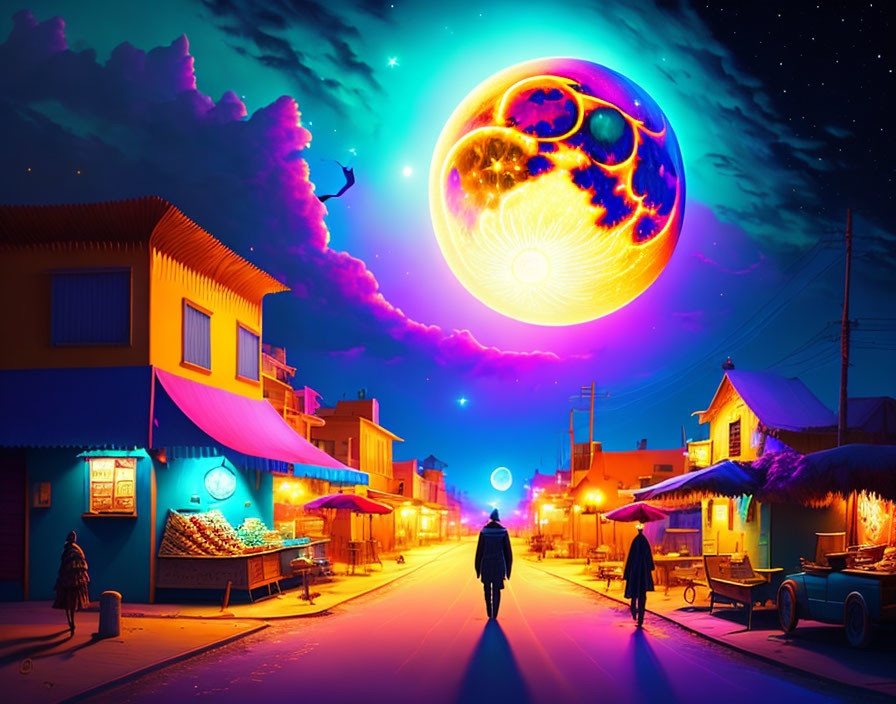 Colorful Street Night Scene with Giant Moon