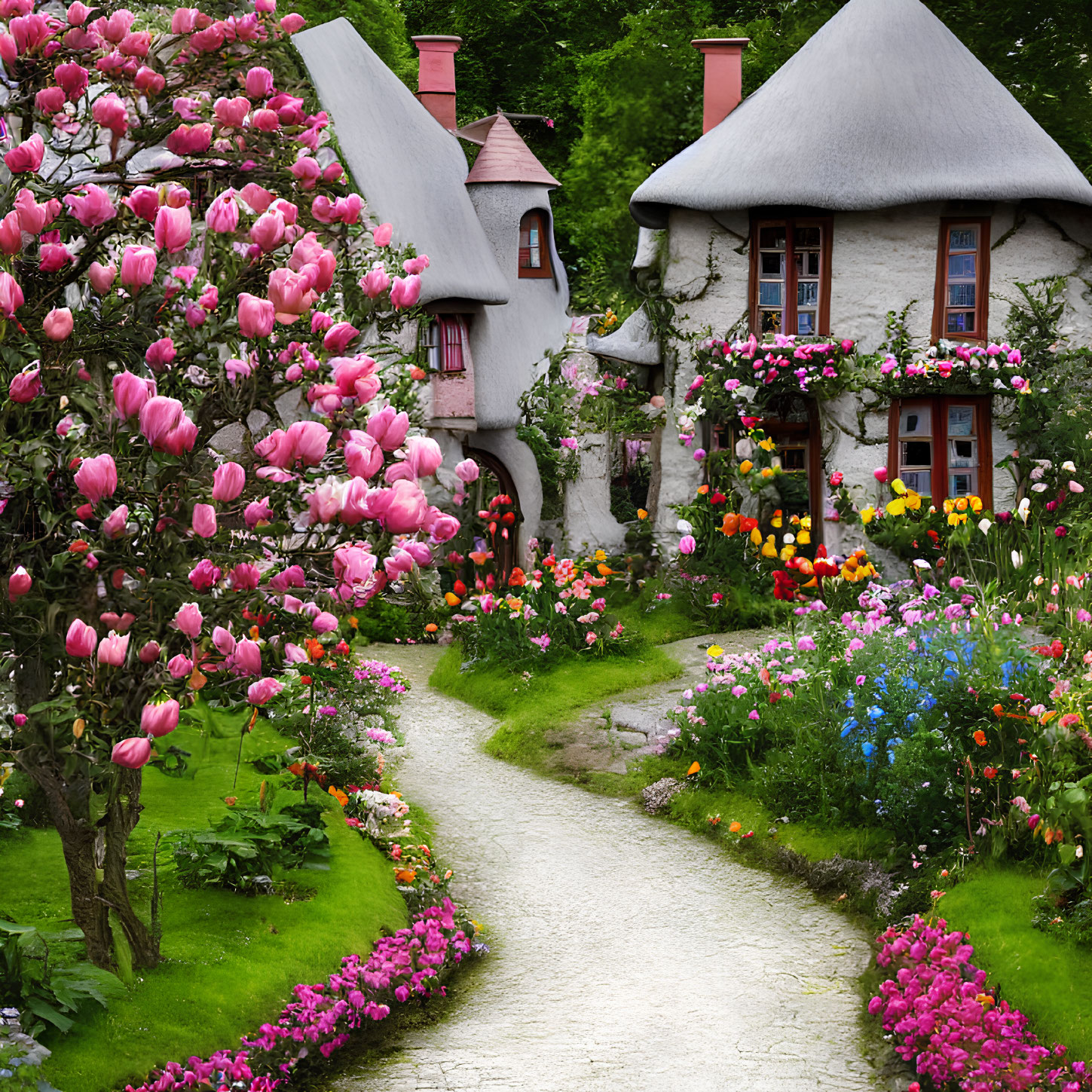 Scenic village pathway with tulips, cottages, and flower-filled window boxes