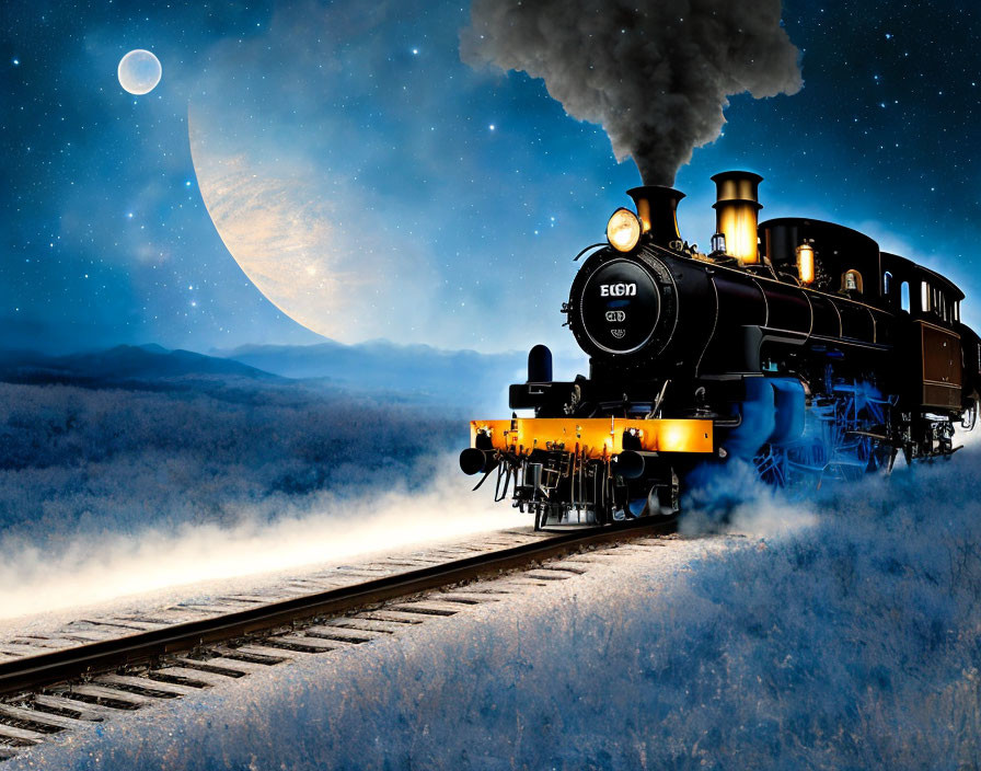 Vintage steam locomotive night scene with crescent moon and misty railway track