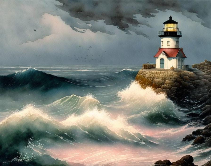 Stormy seascape with lighthouse on rocky shore