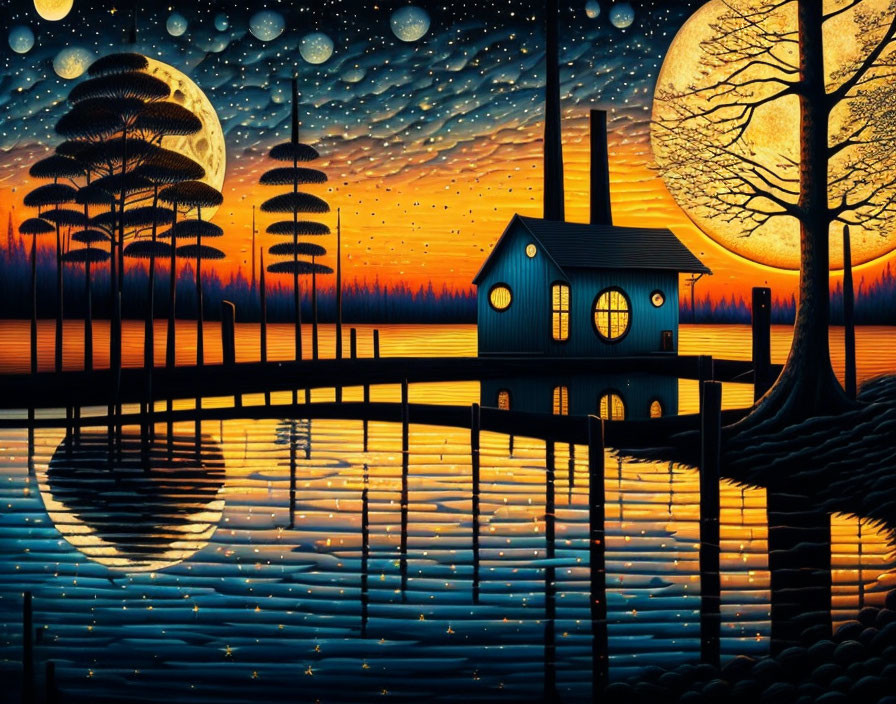 Surreal dusk landscape with reflective lake, house on pier, stylized trees, multiple moons