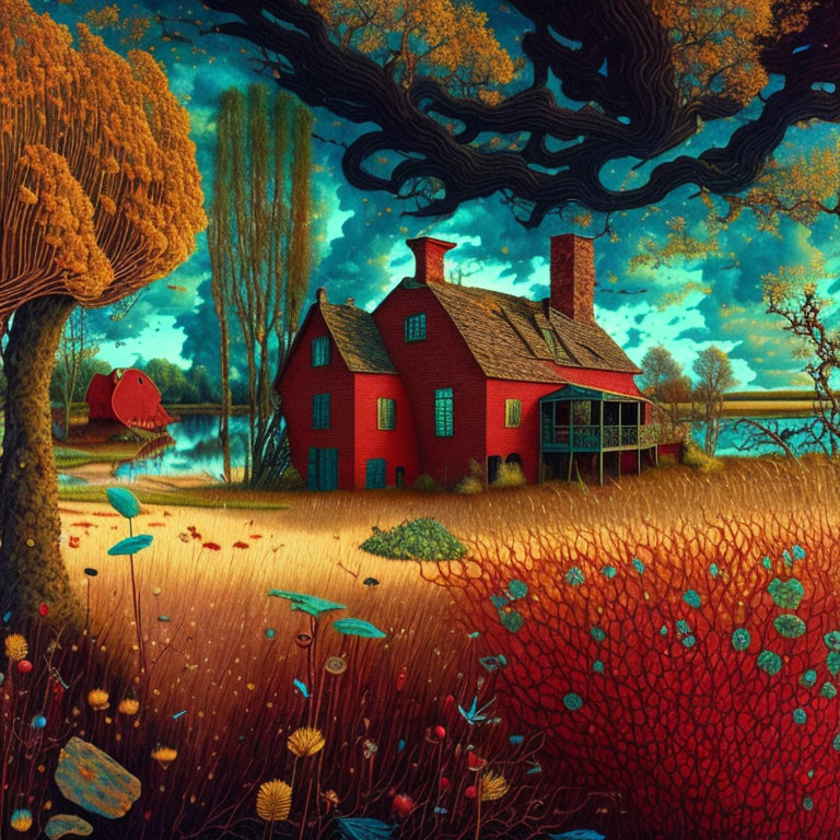 Colorful surreal landscape with red house, willow tree, blue river, and twisted dark branch.