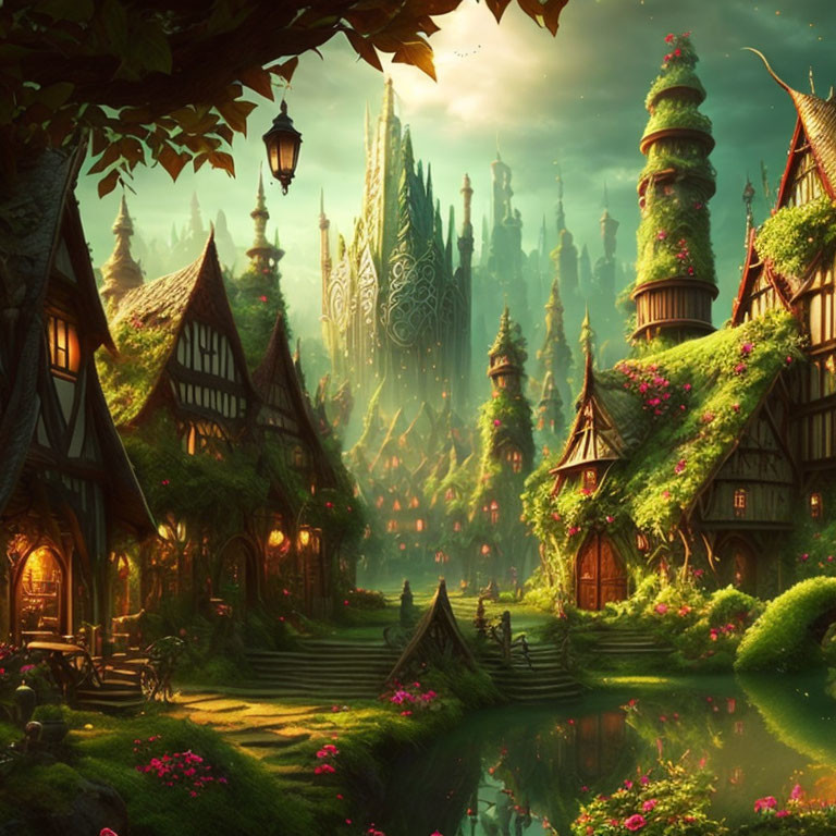 Whimsical cottages, lush greenery, flowers, and castle in fantasy landscape