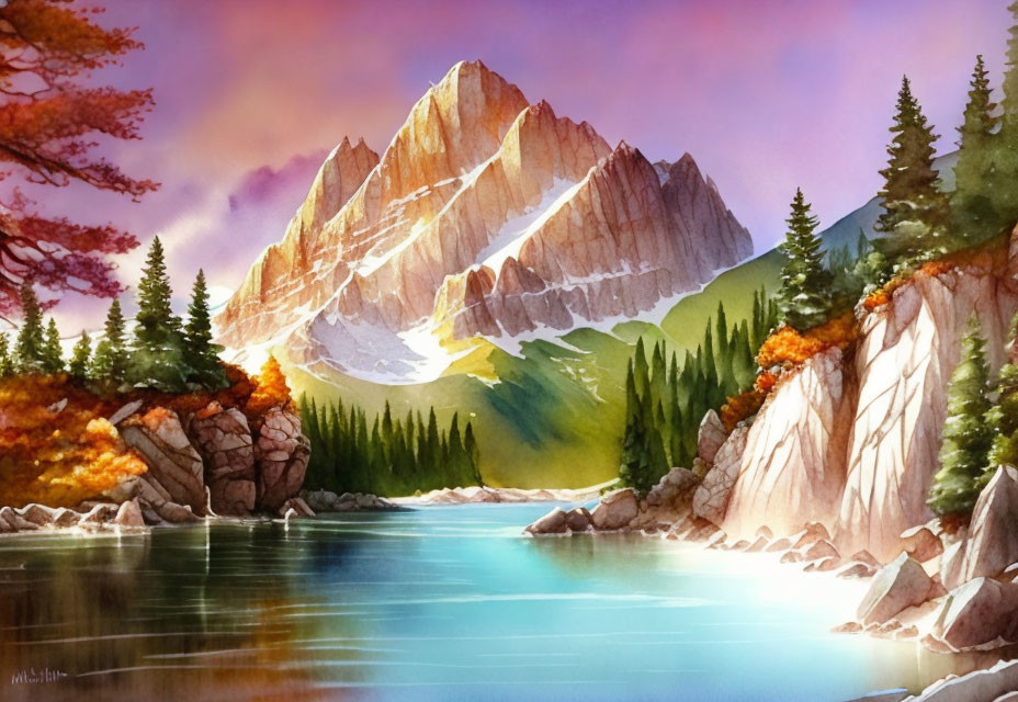 Tranquil mountain landscape with autumn trees & lake