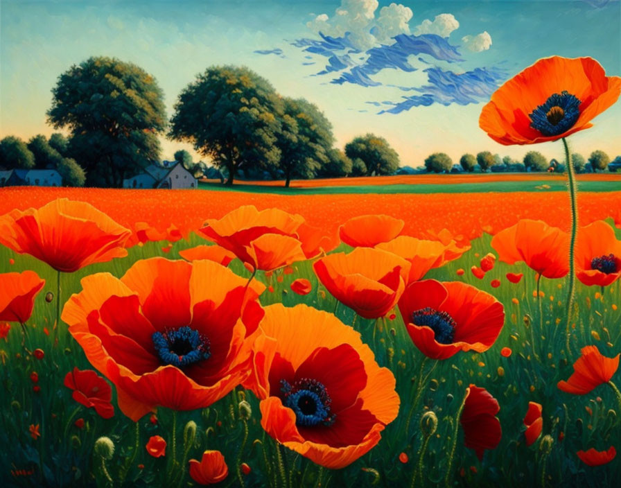 Vibrant red poppies in a field with greenery and trees under a blue sky.