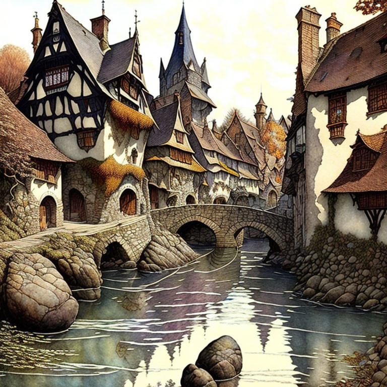 Medieval village with half-timbered houses, stone bridges, and castle tower