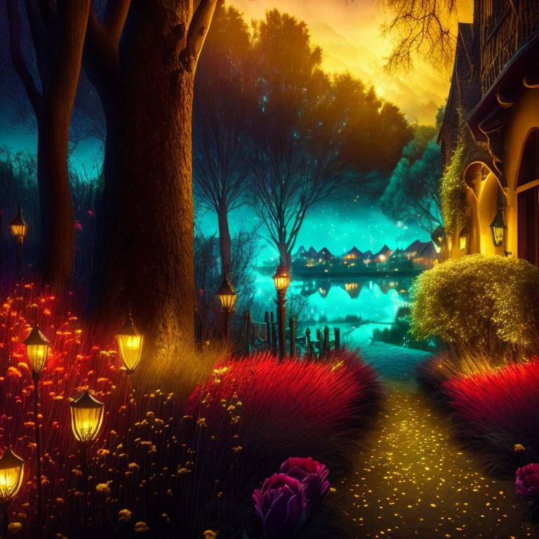 Vibrant flowers and lamps in a whimsical night scene