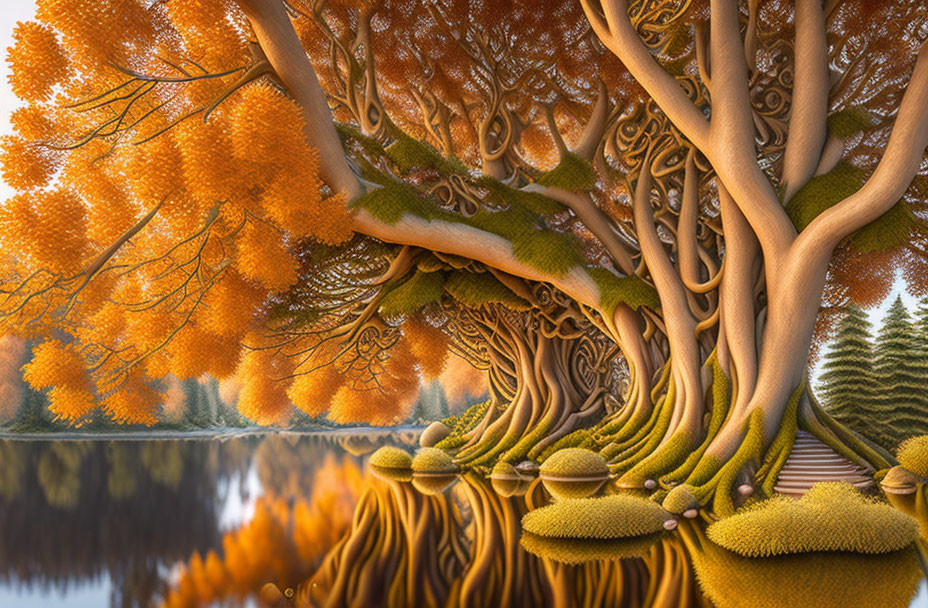 Vibrant autumn fantasy landscape with whimsical trees and peaceful lake