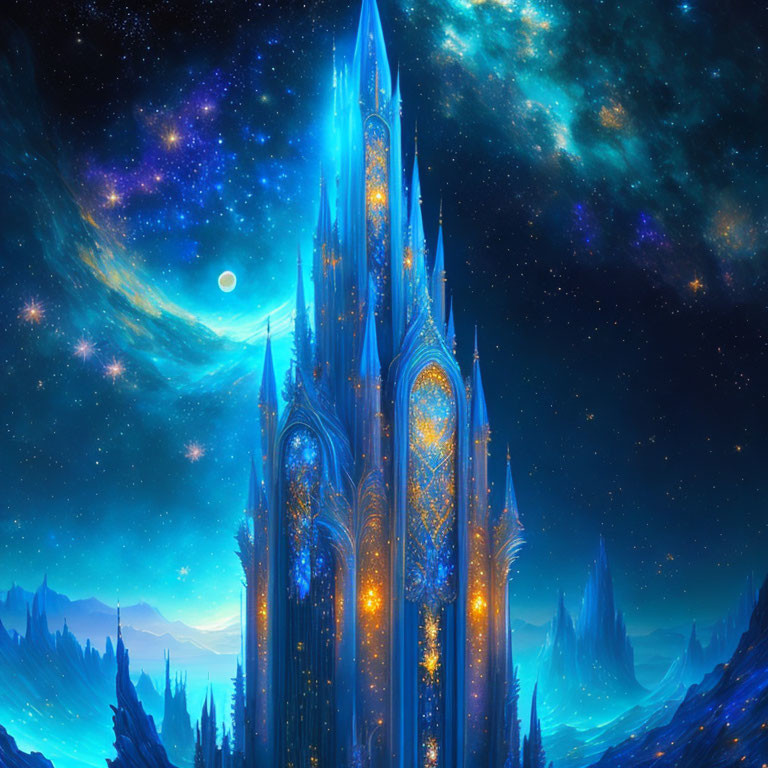 Glowing blue castle under cosmic sky with stars and moon