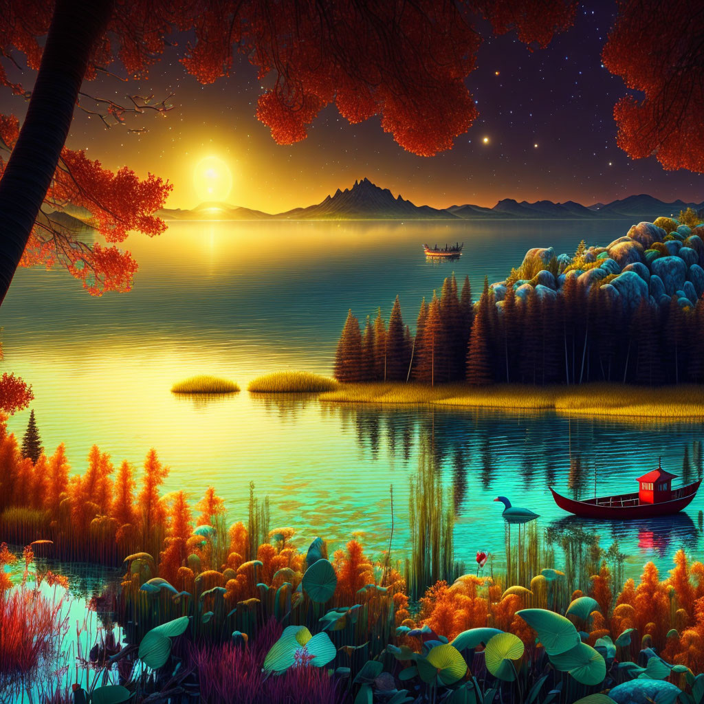 Serene sunset lake scene with boat and colorful nature