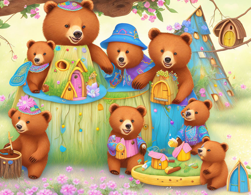 Colorful Cartoon Bears in Garden with Treehouse & Toy Boat