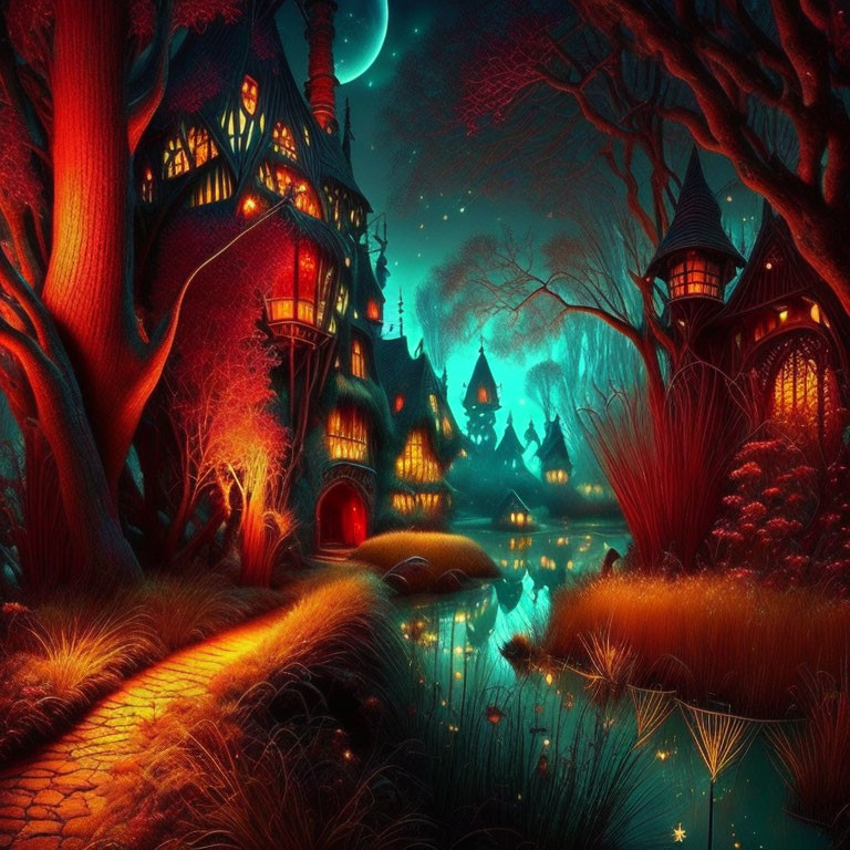 Whimsical nighttime landscape with glowing trees and serene water.