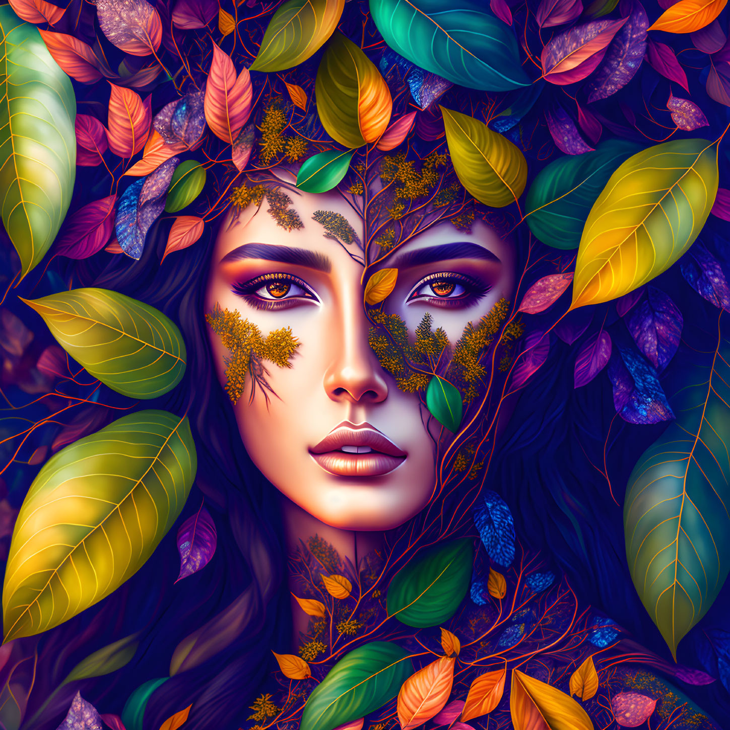 Colorful Autumn Leaves Adorn Serene Woman Illustration