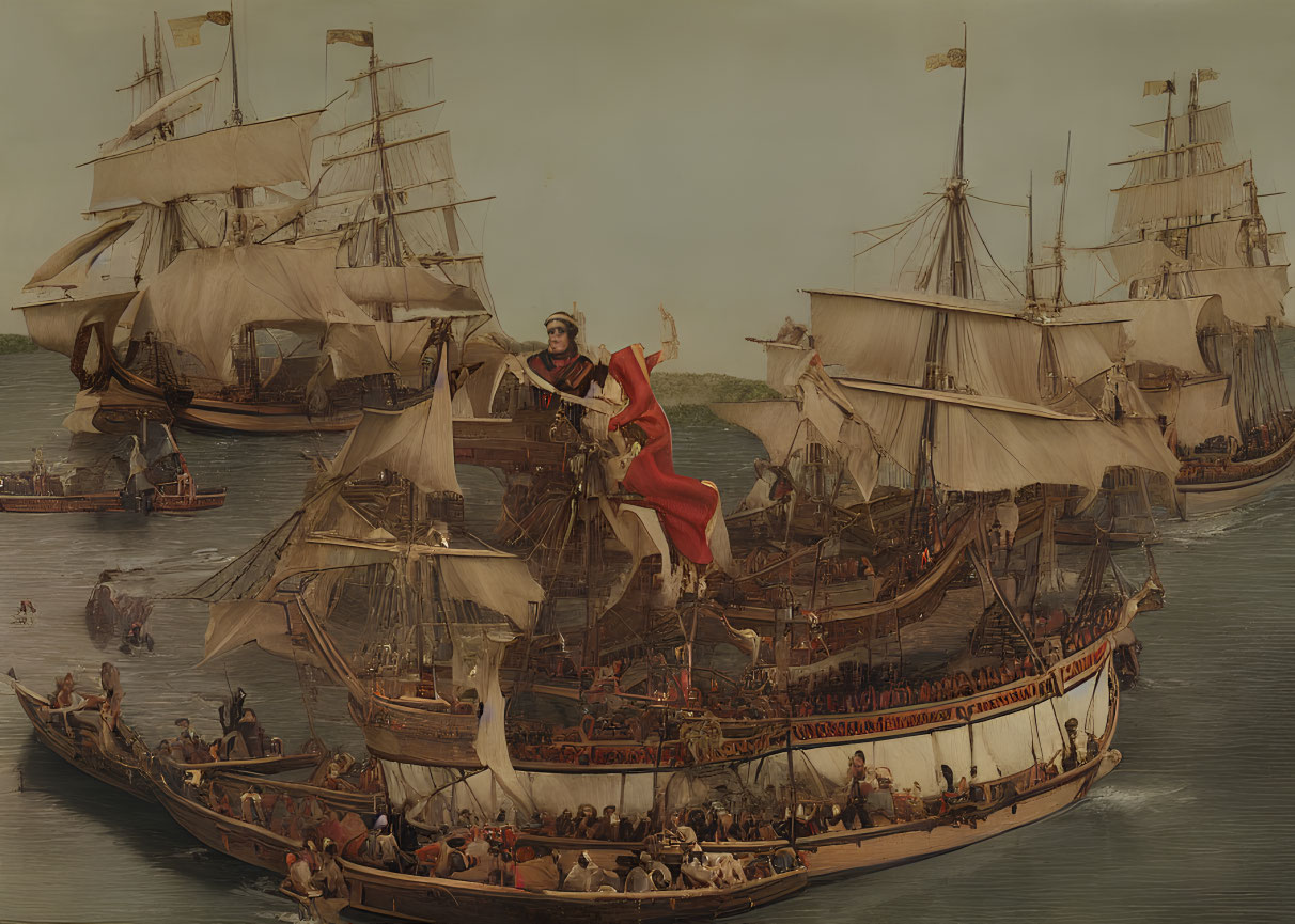 Historical maritime painting of ornate sailing ships and people waving flag.