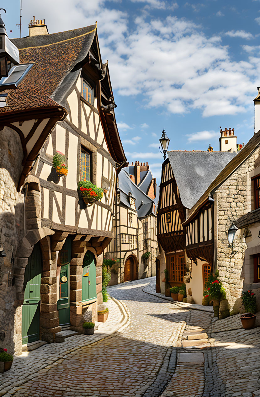 Picturesque cobblestone street with half-timbered houses and flowers