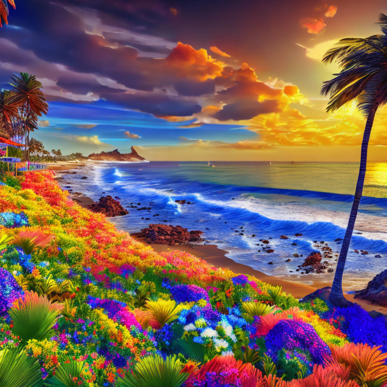 Colorful sunset beach scene with flowers, palm trees, and cloudy sky.