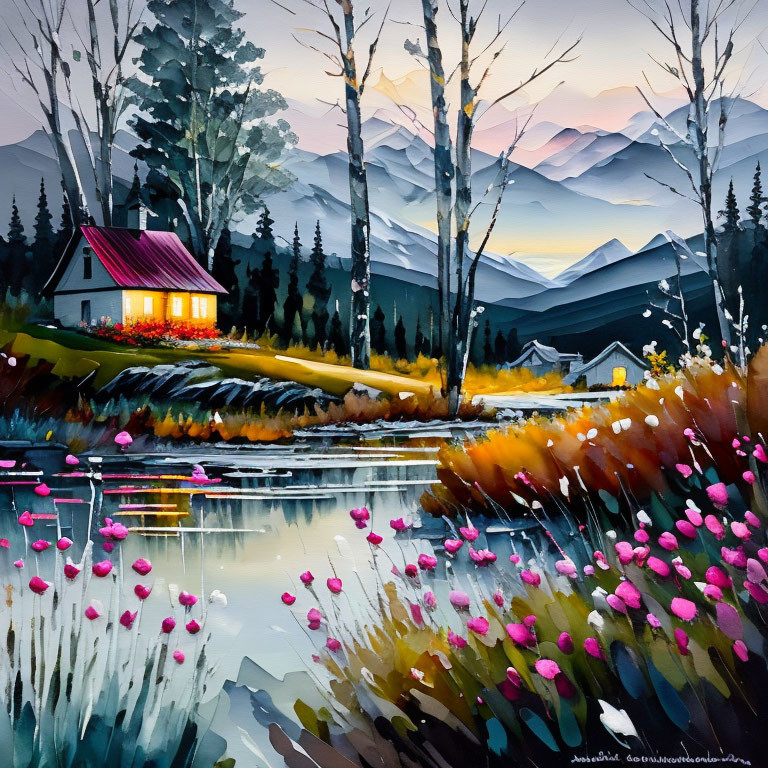 Serene lake cottage painting with mountains and wildflowers