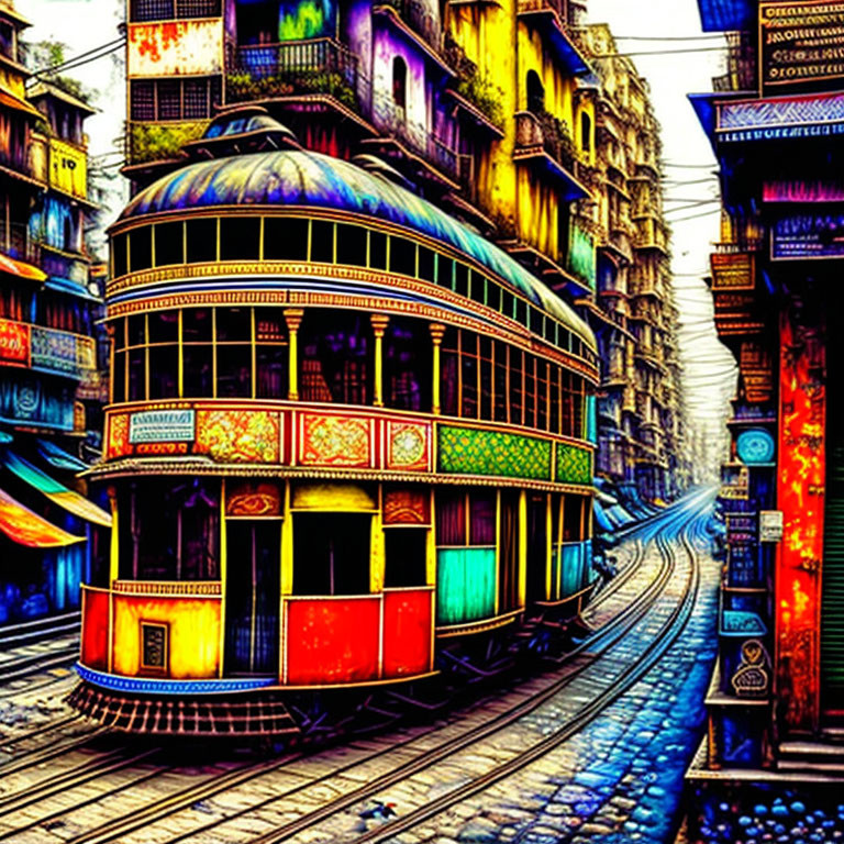 Colorful Traditional Tram on Tracks Amidst Vibrant Urban Scene