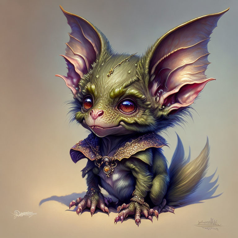 Whimsical creature with large eyes, bat-like ears, furry body, and ornate collar