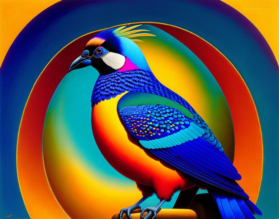 Colorful Stylized Bird Art on Rainbow Background