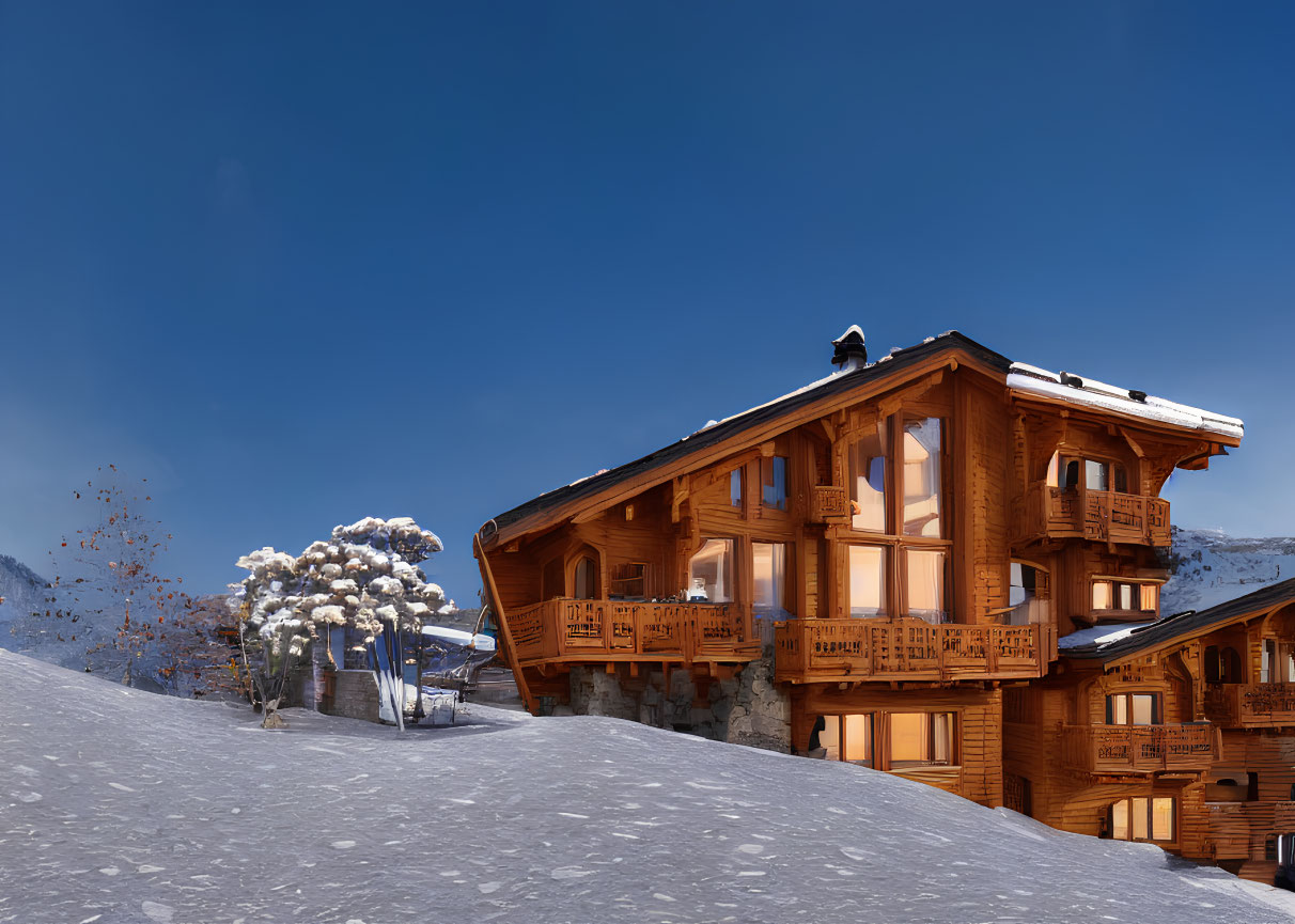 Snow-covered wooden chalet balcony in dusk with snowy mountains.