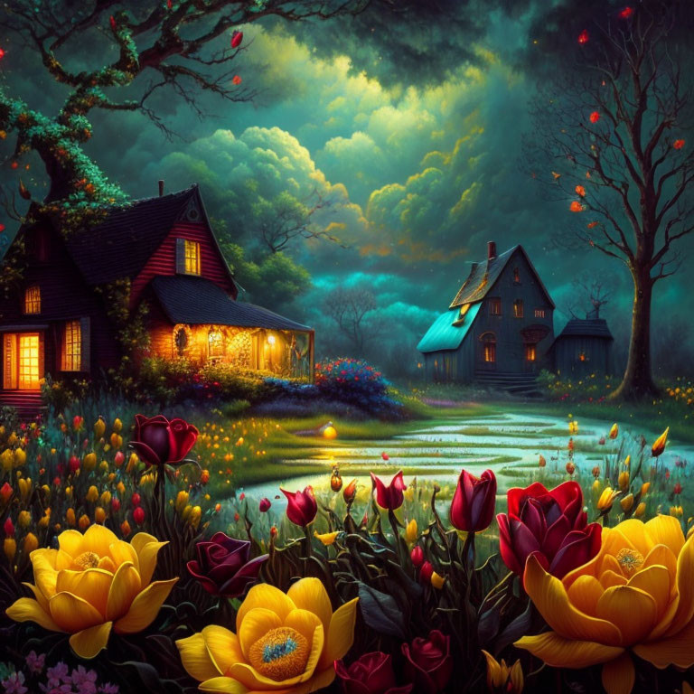 Vibrant tulip garden with cozy houses in mystical night scene