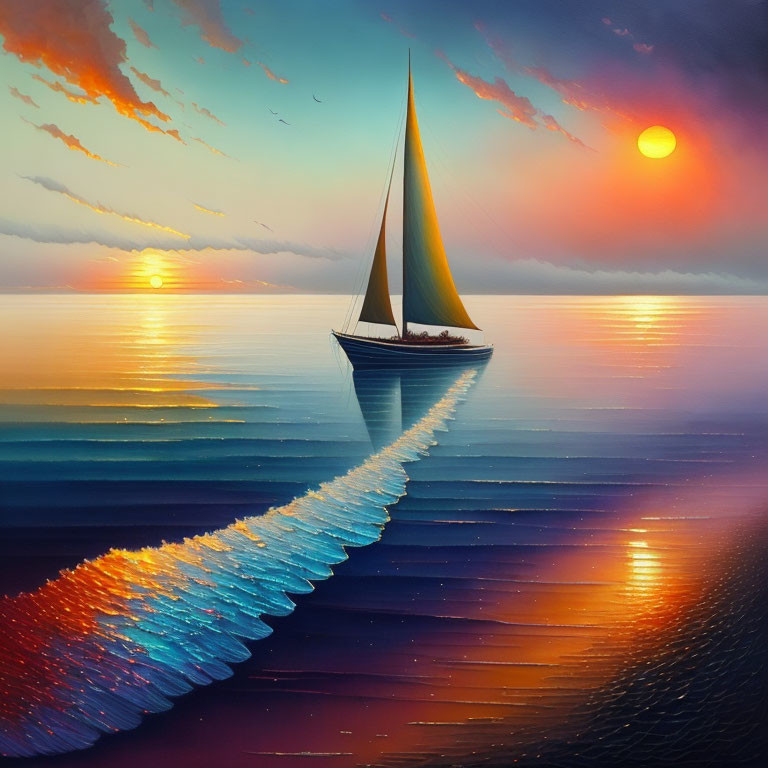 Sailboat sailing on serene ocean at colorful sunset